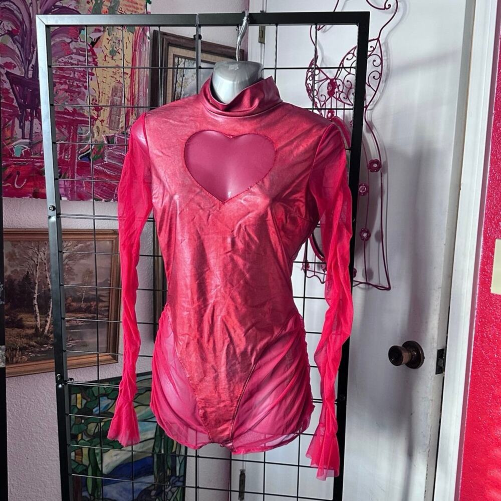 Forplay Pink Heart Cutout Long Sleeve Bodysuit Romper